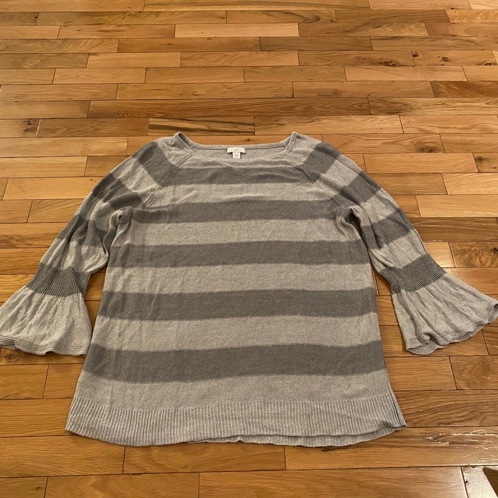 J Jill Gray Stripe Bell Sleeve Sweater‎ Women L Sparkle Knit Casual Top